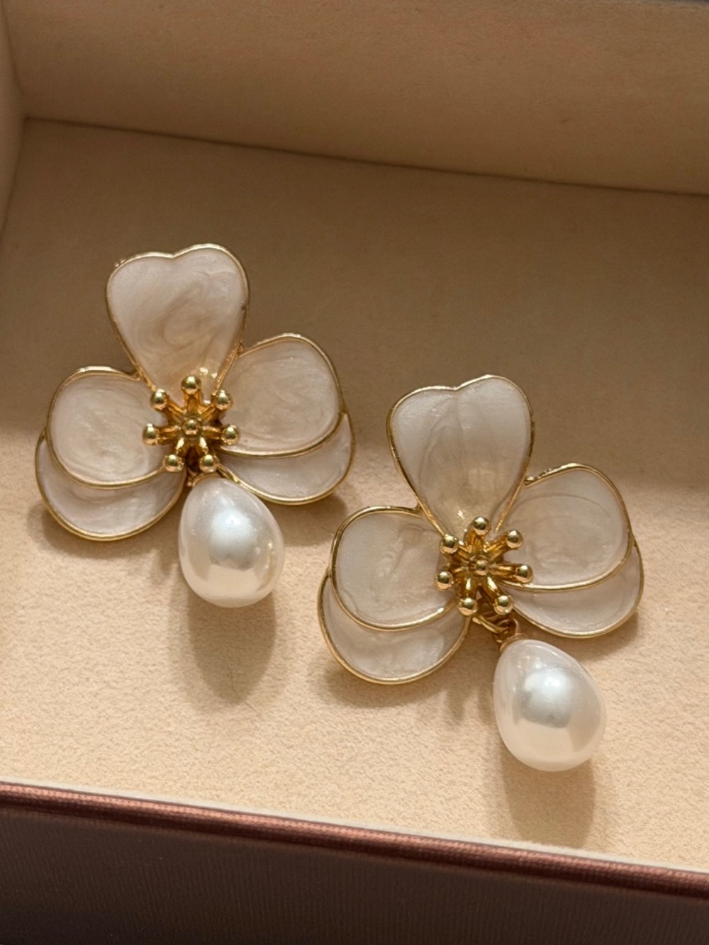 Golden Ivory White Teardrop Flower & Faux Pearl Dangle Earrings